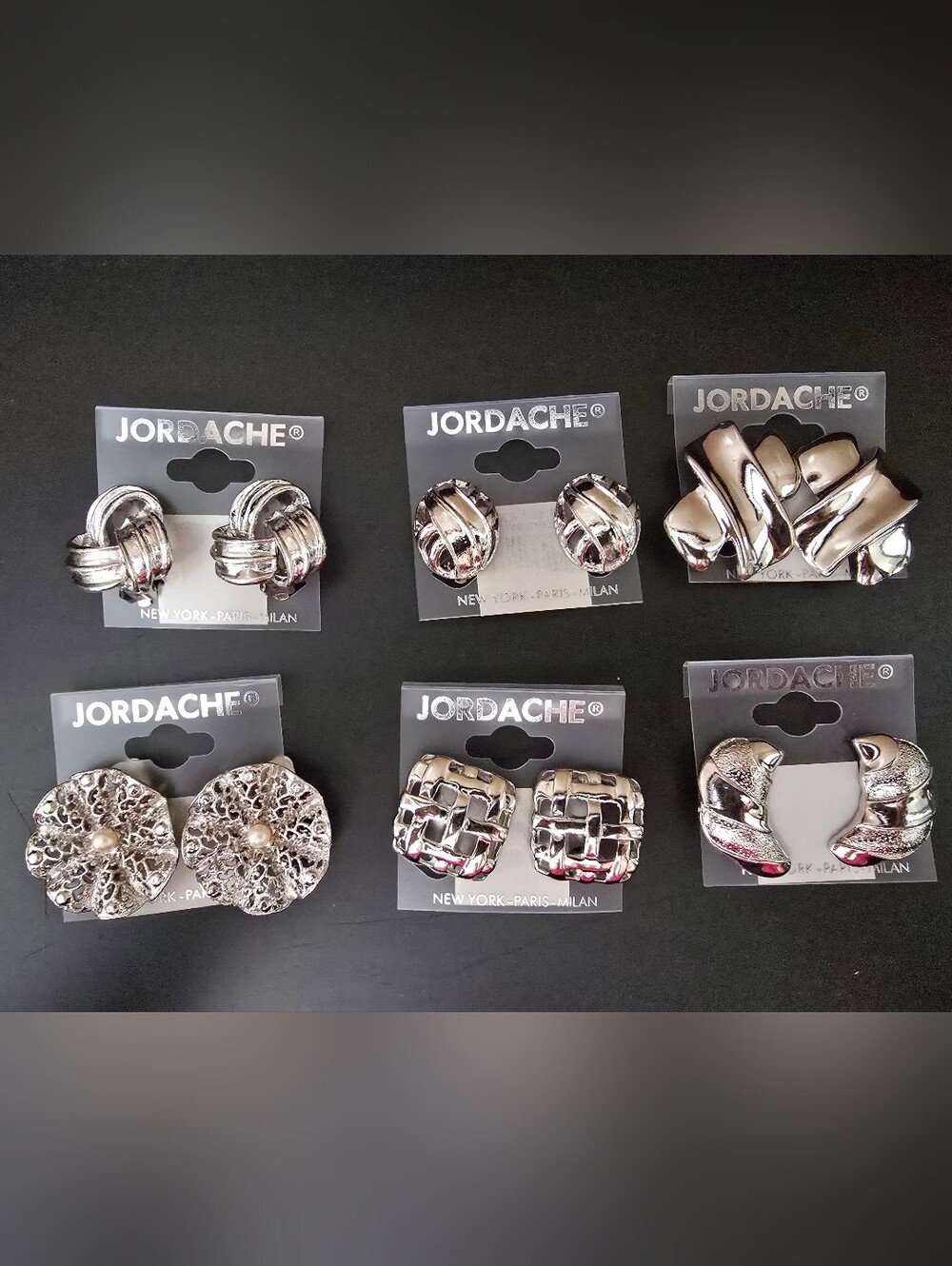 Vintage Jordache silver toned clip-on earrings, costume jewelry, NWT